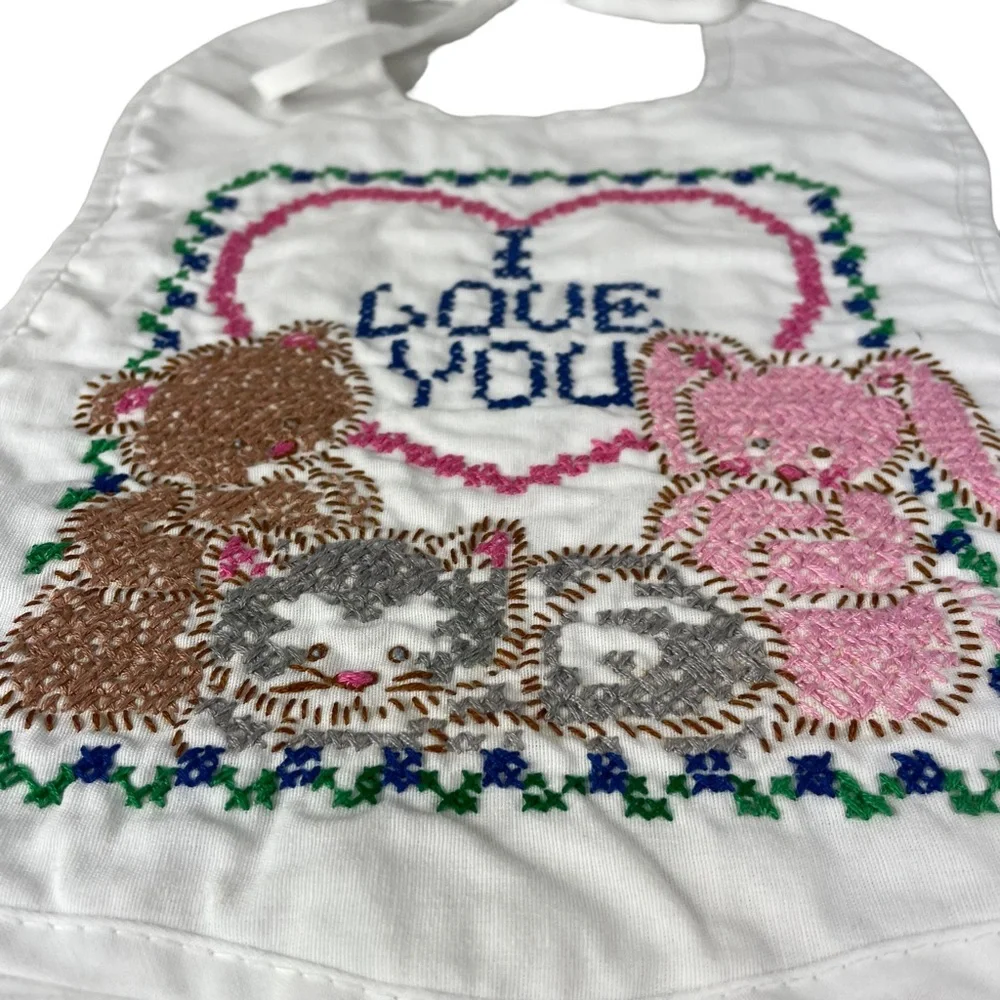 Vintage Handmade Cross Stitch Baby Bib Kitten Bunny Bear I Love You Tie-up Heart